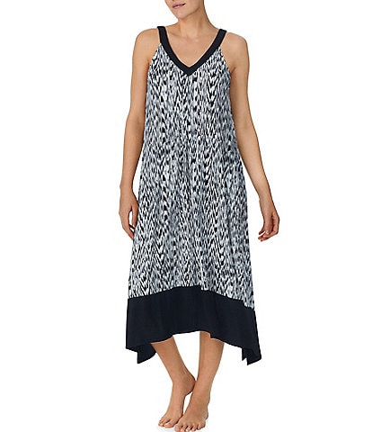Donna Karan Knit Textured Ikat Print V-Neck Lounge Dress