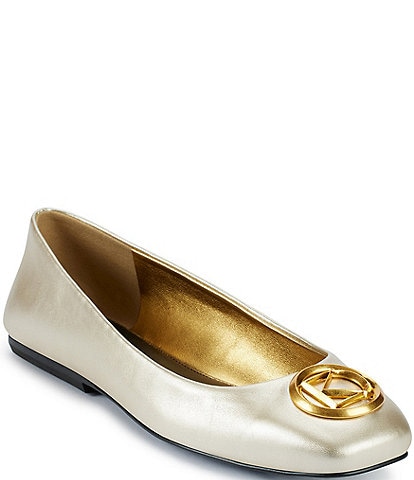 Donna Karan Kylee Metallic Leather Logo Ornament Ballet Flats