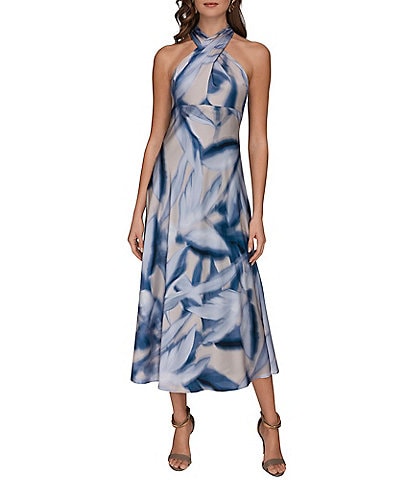 Donna Karan Leaf Print Charmeuse Halter Neck Sleeveless Gown