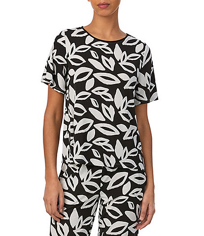 Donna Karan Leaf Print Short Sleeve Boat Neck Knit Coordinating Pajama Top