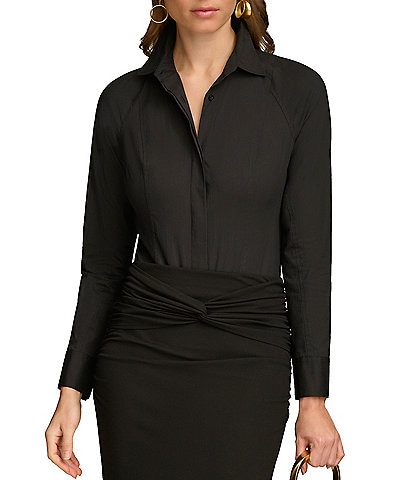 Donna Karan Long Sleeve Collared Button Front Bodysuit