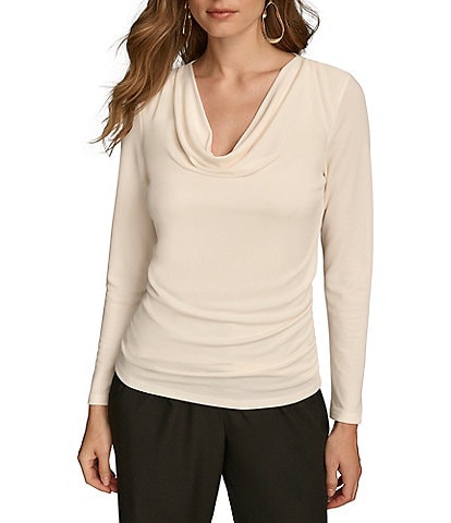 Donna Karan Long Sleeve Cowl Neck Drape Front Top