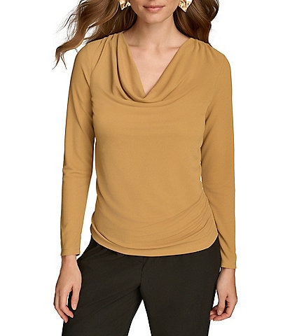 Donna Karan Long Sleeve Cowl Neck Drape Front Top