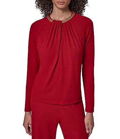 Donna Karan Long Sleeve Knit Pull-On Hardware Top