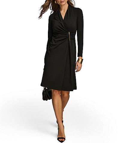 Donna Karan Long Sleeve V-Neck Gold Hardware Embellished Faux Wrap Dress