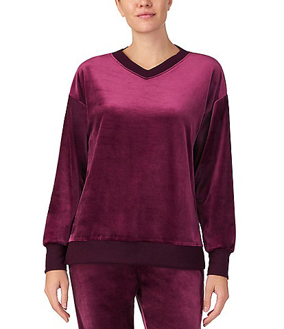 Donna Karan Long Sleeve V-Neck Solid Fleece Coordinating Lounge Top