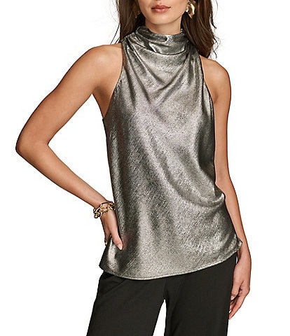 Donna Karan Metallic Foil Sleeveless High Cowl Neck Top