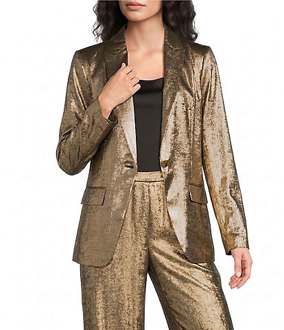 Donna Karan Metallic Peak Lapel Long Sleeve Front Single Button Coordinating Blazer