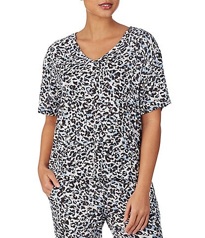 Donna Karan Micro Jersey Multi Animal Print Short Sleeve V-Neck Coordinating Lounge Top