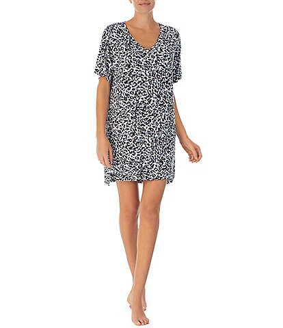 Donna Karan Micro Jersey Multi Animal Print Short Sleeve V-Neck Lounge Shirt Dress