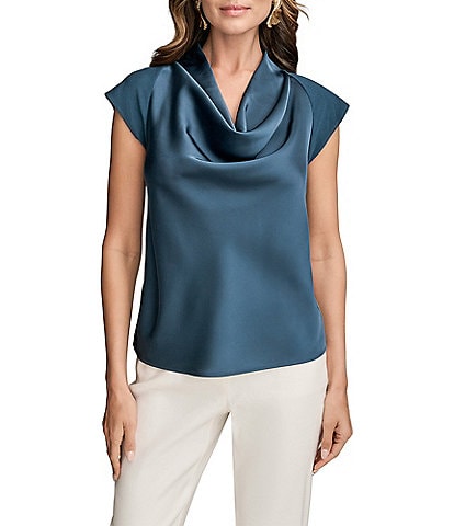 Donna Karan Mixed Media Cowl Neck Cap Sleeve Top