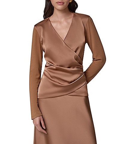 Donna Karan Mixed Media Draped Surplice V-Neck Side Shirred Satin Front Top