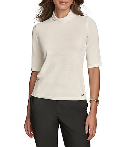 Donna Karan Mock Neck Elbow Sleeve Knit Top