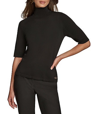 Donna Karan Mock Neck Elbow Sleeve Knit Top