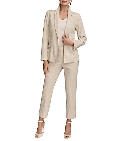 Donna Karan Notch Collar Embellished 1-Button Jacket & Coordinating Linen Blend Embellished Straight Leg Pants
