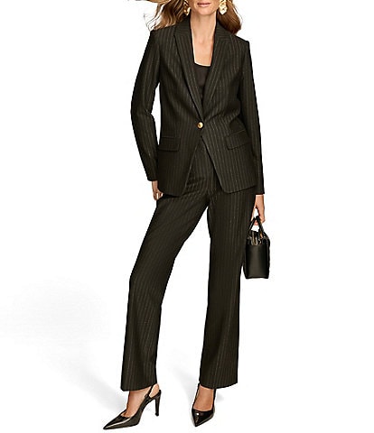 Donna Karan Novelty Pin Stripe Peak Lapel Long Sleeve Gold Button Blazer & Novelty Pin Stripe High Rise Bootcut Pant