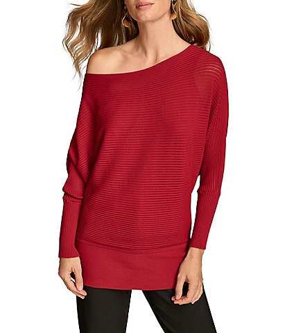 Donna Karan Off-The-Shoulder Long Cuff Sleeve Banded Hem Top