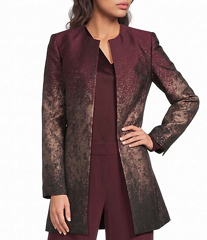Donna Karan Open Front Metallic Abstract Print Long Sleeve Topper
