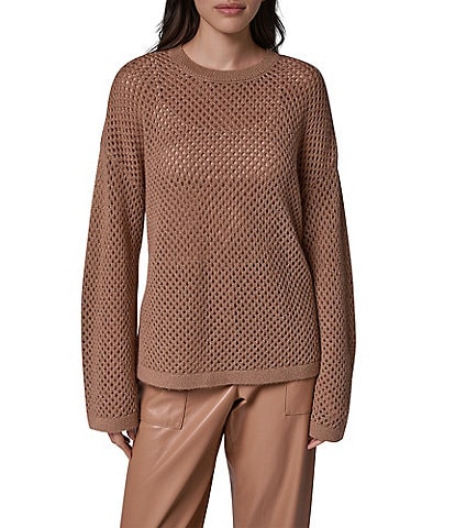 Donna Karan Open Weave Crew Long Sleeve Oversized Pullover Sweater Top