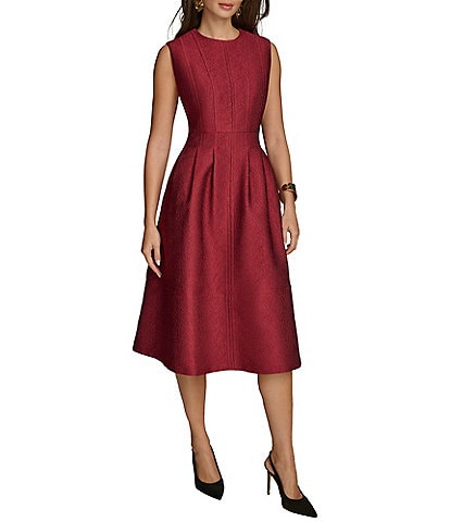 Donna Karan Pebble Jacquard Crew Neck Sleeveless A-Line Dress