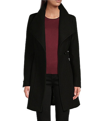 Donna Karan Petite Size Envelope Collar Long Sleeve Belted Wool Blend Wrap Coat