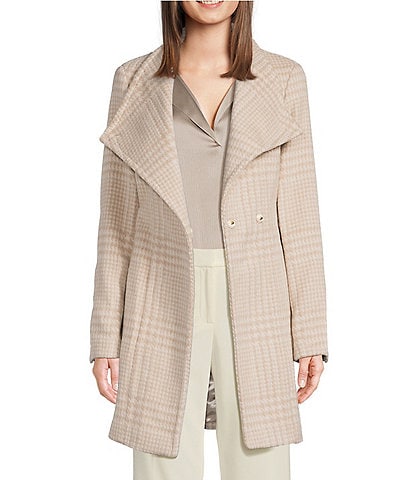 Donna Karan Petite Size Wool Blend Plaid Print Asymmetrical Wing Collar Belted Wrap Coat
