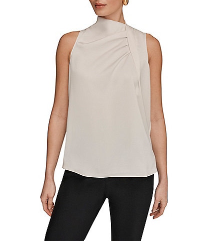 Donna Karan Pleated Mock Neck Sleeveless Blouse