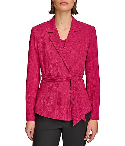 Donna Karan Plisse Notch Lapel Neckline Long Sleeve Wrap Jacket