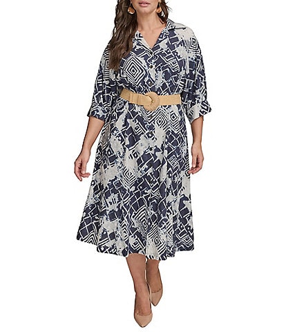 Donna Karan Plus Size Abstract Print Button Front Shirt Dress