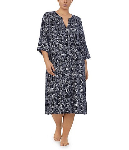 Donna Karan Plus Size Animal Print Split Round Neck 3/4 Sleeve Long Knit Nightshirt
