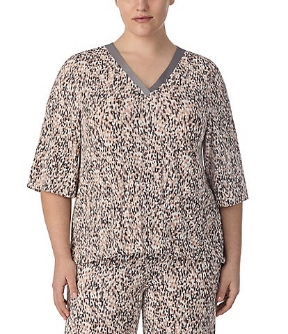Donna Karan Plus Size Blurred Dot Print 3/4 Sleeve V Neck Knit Sleep Top