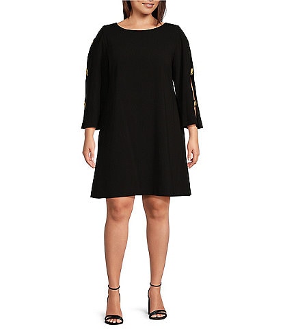 Donna Karan Plus Size Boat Neck Long Open Sleeve Cady Crepe Sheath Dress