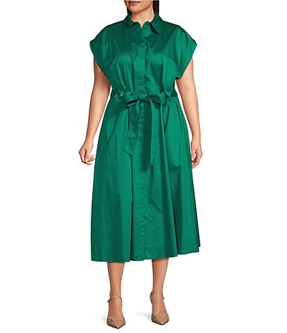 Donna Karan Plus Size Cotton Sateen Collared Neck Short Sleeve Tie Sash Belt Midi Shirt Dress