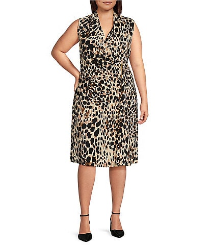 Donna Karan Plus Size Filament Jersey Cheetah Print V-Neck Sleeveless Faux Wrap Dress