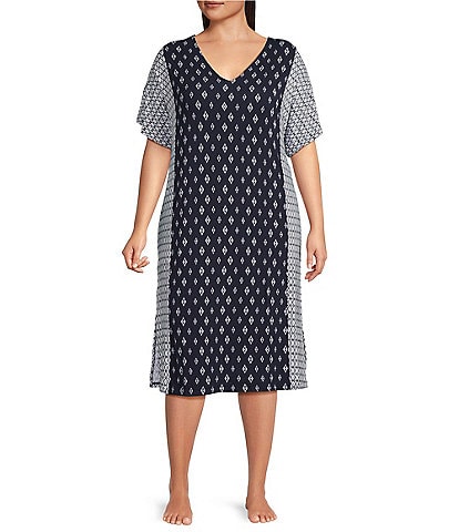 Donna Karan Plus Size Geometric Print Short Sleeve V Neck Knit Sleepshirt