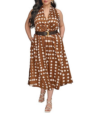 Donna Karan Plus Size Halter Neck Polka Dot Print Belted Midi Dress