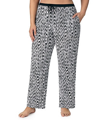 Donna Karan Plus Size Knit Textured Ikat Print Pocketed Elastic Tie Waist Coordinating Full-Length Lounge Pant