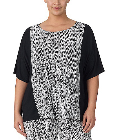 Donna Karan Plus Size Knit Textured Ikat Print Short Sleeve Coordinating Lounge Top