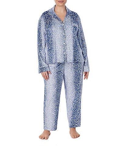 Donna Karan Plus Size Long Sleeve Notch Collar Neck Velour Dotted Pajama Set