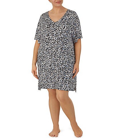 Donna Karan Plus Size Micro Jersey Multi Animal Print Short Sleeve V-Neck Lounge Shirt Dress