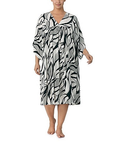 Donna Karan Plus Size Printed Half Sleeve V Neck Woven Sleepshirt