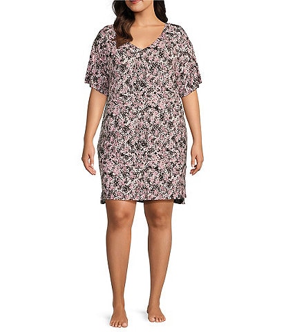 Donna Karan Plus Size Printed Short Sleeve V-Neck Knit Sleepshirt