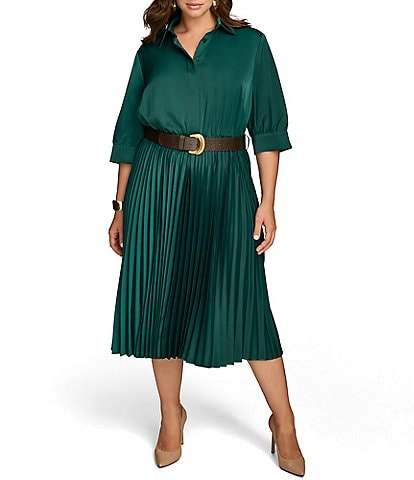 Donna Karan Plus Size Satin 3/4 Sleeve Pleated Skirt Button Front Belted Dress