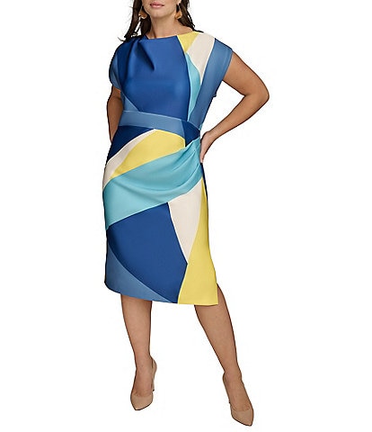 Donna Karan Plus Size Short Sleeve Boat Neck Color Block Scuba Midi Sheath Dress