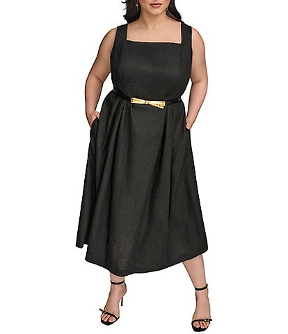 Donna Karan Plus Size Square Neck Sleeveless A-Line Belted Midi Dress