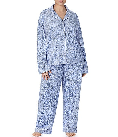 Donna Karan Plus Size Stretch Velour Texture Print Long Sleeve Notch Collar Pajama Set