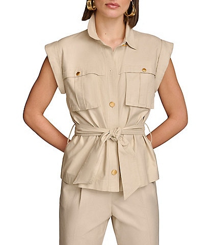 Donna Karan Point Collar Cap Sleeve Chest Flap Pocket Belted Top