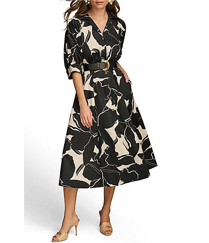 Donna Karan Printed 3/4 Sleeve Notch Collar Belted Linen Side Pocket A-Line Midi Dress