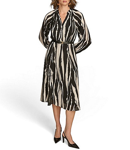 Donna Karan Printed Chiffon V-Neck Blouson Sleeve Belted A-Line Dress