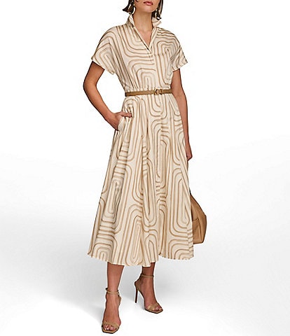 Donna Karan Printed Collared Short Sleeve Midi Shirt Dress